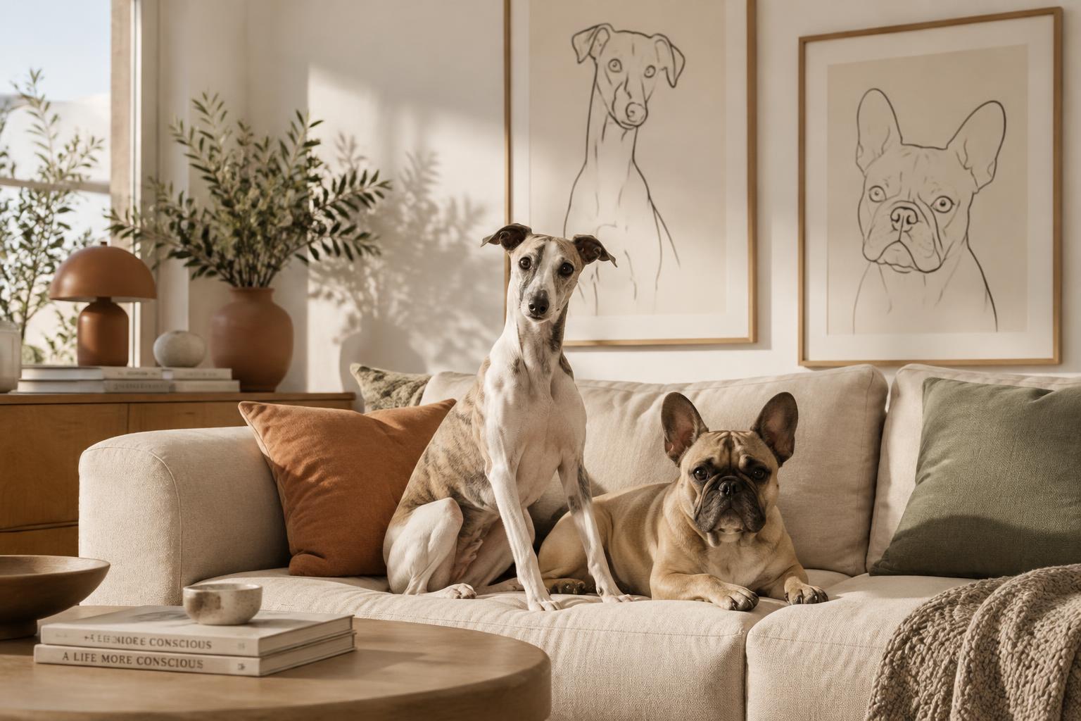 A whippet and a French bulldog beneath framed breed portraits